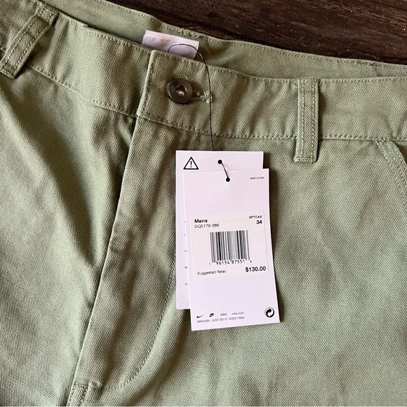 Nike Men's Life Double Knee Panel Pants Loose Fit Green Waist 34 DQ5179-386 NEW